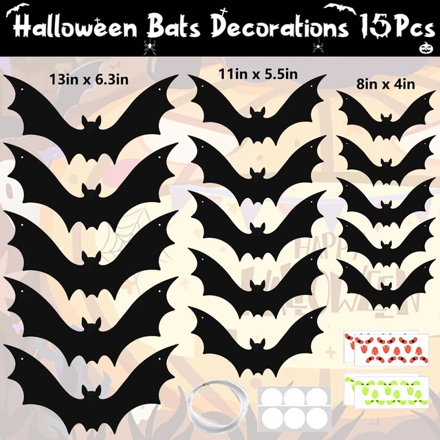 Alt view image 6 of 7 - 15 Pcs Hanging Bats Halloween Decoration Outdoor Large Scary Fake Black Hanging Flying Bat Spooky Decor for Halloween Yard Outside Indoor Party Supplies Wall Decals (3 Sizes)
