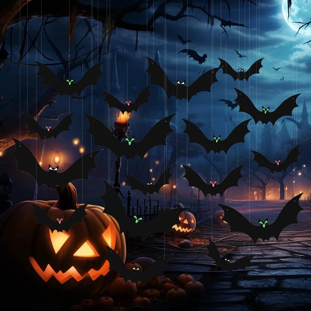 Alt view image 7 of 7 - 15 Pcs Hanging Bats Halloween Decoration Outdoor Large Scary Fake Black Hanging Flying Bat Spooky Decor for Halloween Yard Outside Indoor Party Supplies Wall Decals (3 Sizes)