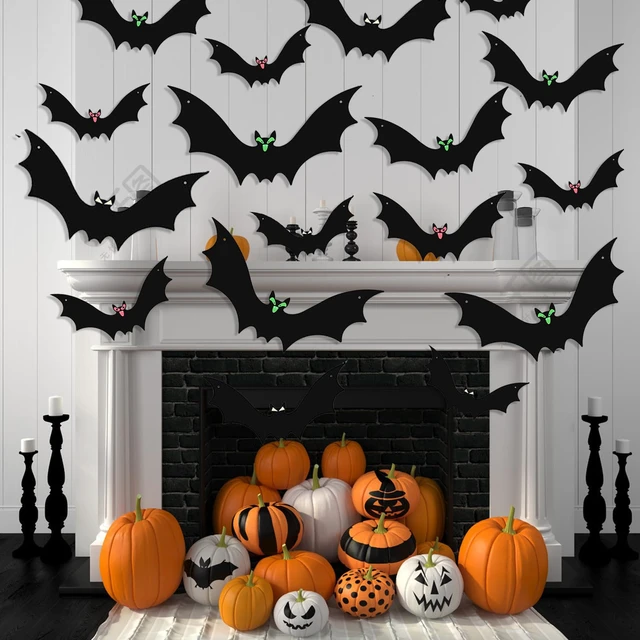 Alt view image 5 of 7 - 15 Pcs Hanging Bats Halloween Decoration Outdoor Large Scary Fake Black Hanging Flying Bat Spooky Decor for Halloween Yard Outside Indoor Party Supplies Wall Decals (3 Sizes)