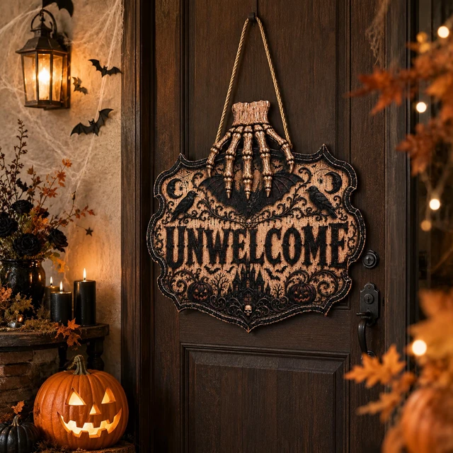 Alt view image 5 of 7 - Halloween Decorations - 2D Printed Flat Gothic Unwelcome Wooden Sign