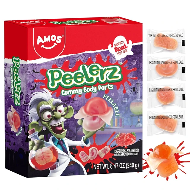 Main image of AMOS Peelerz Gummy Body Parts, Approx 48 Pieces Peelable Halloween Gummies,Raspberry and Strawberry Flavored Candy, Spooky Brain, Ear and Finger Shapes, Party and Trick-or-Treat Treats