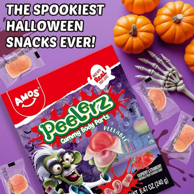 Alt view image 5 of 6 - AMOS Peelerz Gummy Body Parts, Approx 48 Pieces Peelable Halloween Gummies,Raspberry and Strawberry Flavored Candy, Spooky Brain, Ear and Finger Shapes, Party and Trick-or-Treat Treats