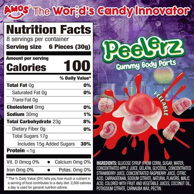 Alt view image 6 of 6 - AMOS Peelerz Gummy Body Parts, Approx 48 Pieces Peelable Halloween Gummies,Raspberry and Strawberry Flavored Candy, Spooky Brain, Ear and Finger Shapes, Party and Trick-or-Treat Treats