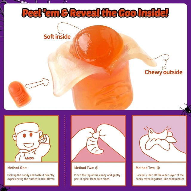 Alt view image 3 of 6 - AMOS Peelerz Gummy Body Parts, Approx 48 Pieces Peelable Halloween Gummies,Raspberry and Strawberry Flavored Candy, Spooky Brain, Ear and Finger Shapes, Party and Trick-or-Treat Treats