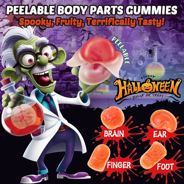 Alt view image 2 of 6 - AMOS Peelerz Gummy Body Parts, Approx 48 Pieces Peelable Halloween Gummies,Raspberry and Strawberry Flavored Candy, Spooky Brain, Ear and Finger Shapes, Party and Trick-or-Treat Treats