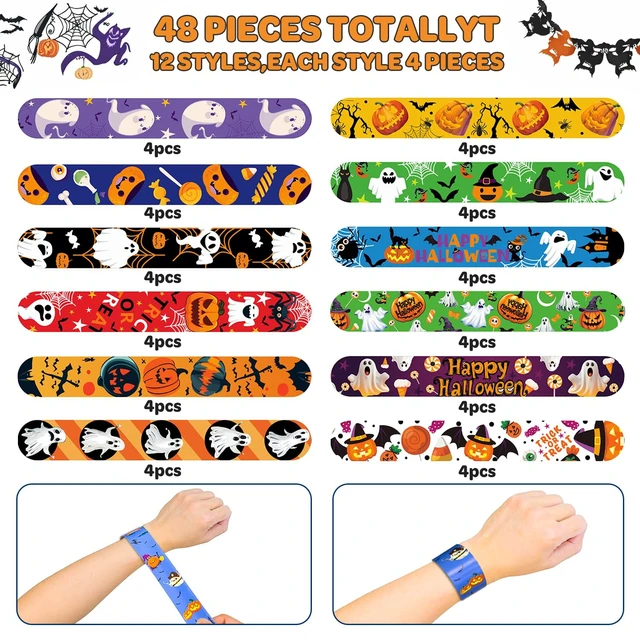 Alt view image 5 of 6 - 48 Pcs Halloween Slap Bracelets, 12 Styles for Halloween Party Favors, Assorted Bulk Pumpkin Zombie Witches Snap Bracelet Wristbands for Kids Halloween Party Gift Bag Filler Supply