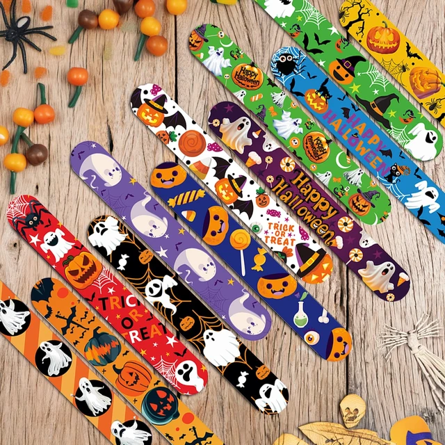 Alt view image 4 of 6 - 48 Pcs Halloween Slap Bracelets, 12 Styles for Halloween Party Favors, Assorted Bulk Pumpkin Zombie Witches Snap Bracelet Wristbands for Kids Halloween Party Gift Bag Filler Supply