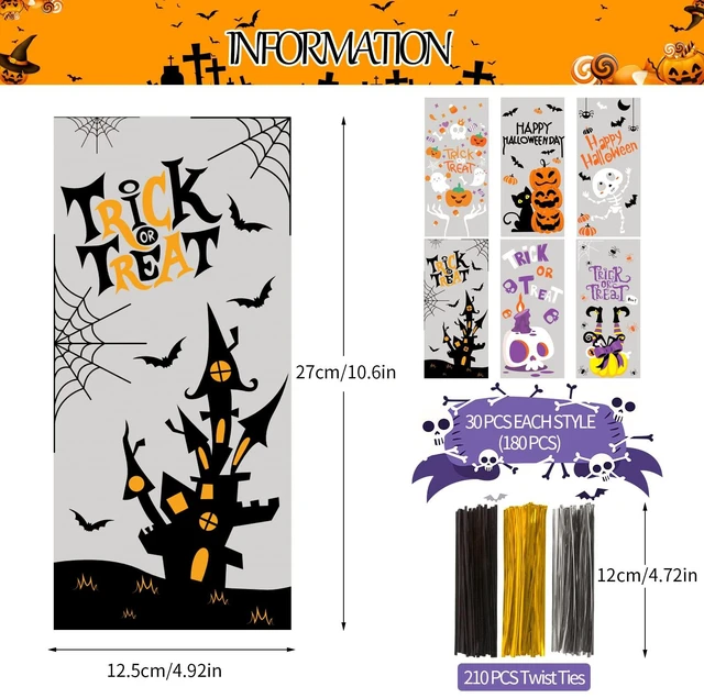 Alt view image 3 of 6 - DIYASY 180 Pack Halloween Cellophane Treat Bags, Plastic Goodie Candy Bag for Kids Clear Goody Snack Bags Bulk Party Favors with 210 Twist Ties