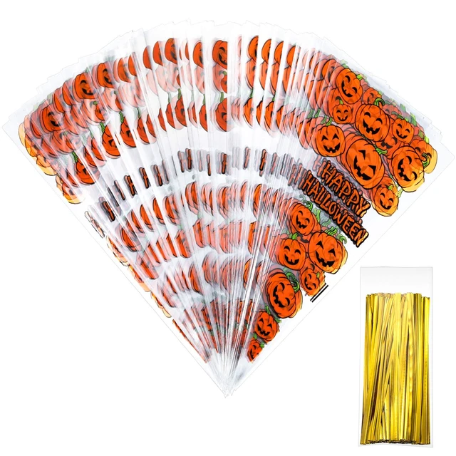 Main image of Tatuo 100 Pcs Halloween Cone Bags Pumpkin Pattern with 100 Twist Ties