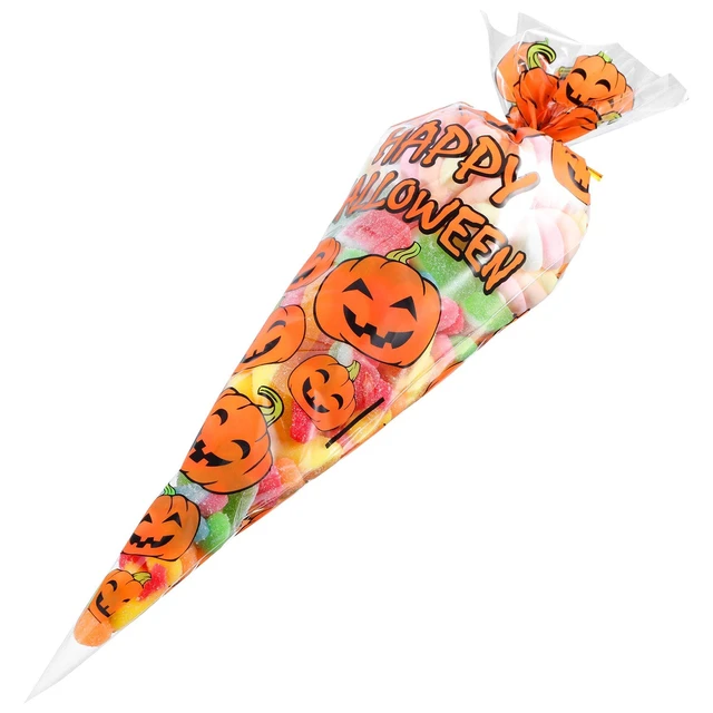 Alt view image 6 of 7 - Tatuo 100 Pcs Halloween Cone Bags Pumpkin Pattern with 100 Twist Ties