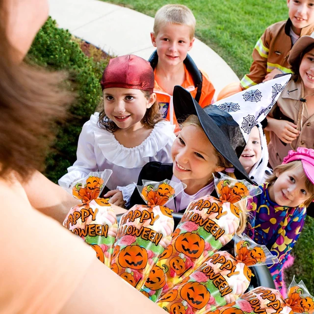Alt view image 3 of 7 - Tatuo 100 Pcs Halloween Cone Bags Pumpkin Pattern with 100 Twist Ties