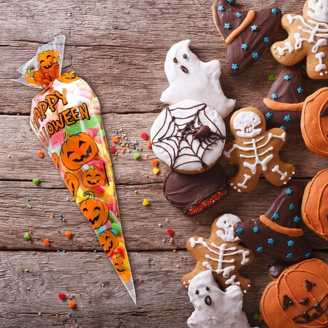 Alt view image 5 of 7 - Tatuo 100 Pcs Halloween Cone Bags Pumpkin Pattern with 100 Twist Ties