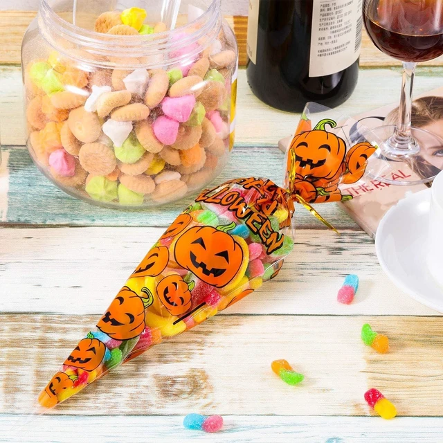 Alt view image 4 of 7 - Tatuo 100 Pcs Halloween Cone Bags Pumpkin Pattern with 100 Twist Ties