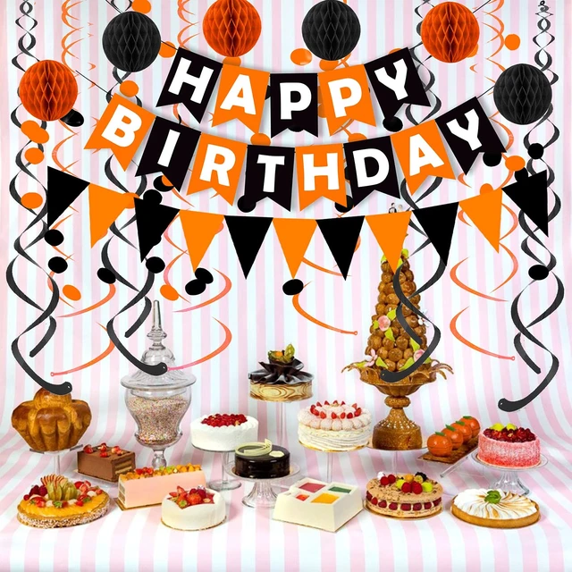 Alt view image 4 of 6 - Black Orange Happy Birthday Banner Paper Triangle Flag Bunting Circle Confetti Dots Hanging Garland and Honeycomb Ball Swirl Streamers for Birthday Baby Shower Halloween Party Decoration
