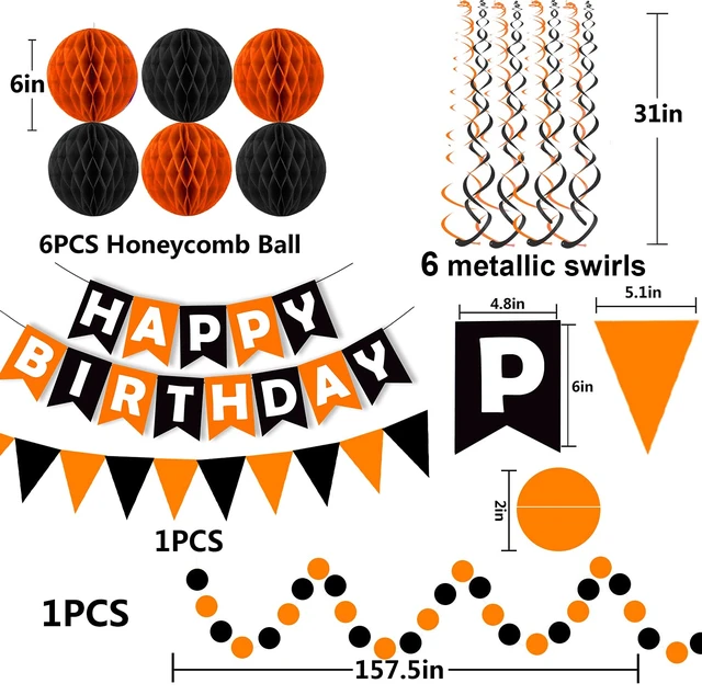 Alt view image 2 of 6 - Black Orange Happy Birthday Banner Paper Triangle Flag Bunting Circle Confetti Dots Hanging Garland and Honeycomb Ball Swirl Streamers for Birthday Baby Shower Halloween Party Decoration