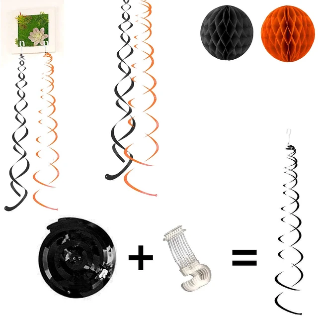 Alt view image 6 of 6 - Black Orange Happy Birthday Banner Paper Triangle Flag Bunting Circle Confetti Dots Hanging Garland and Honeycomb Ball Swirl Streamers for Birthday Baby Shower Halloween Party Decoration