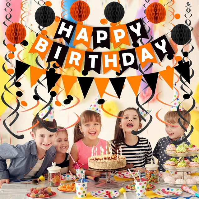 Alt view image 5 of 6 - Black Orange Happy Birthday Banner Paper Triangle Flag Bunting Circle Confetti Dots Hanging Garland and Honeycomb Ball Swirl Streamers for Birthday Baby Shower Halloween Party Decoration