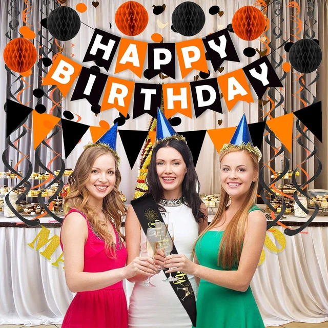 Alt view image 3 of 6 - Black Orange Happy Birthday Banner Paper Triangle Flag Bunting Circle Confetti Dots Hanging Garland and Honeycomb Ball Swirl Streamers for Birthday Baby Shower Halloween Party Decoration
