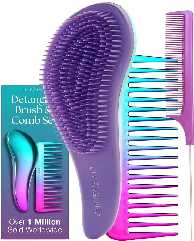 Main image of Lily England Detangling Comb & Brush Set for Girls, Tail & Wide Tooth Comb