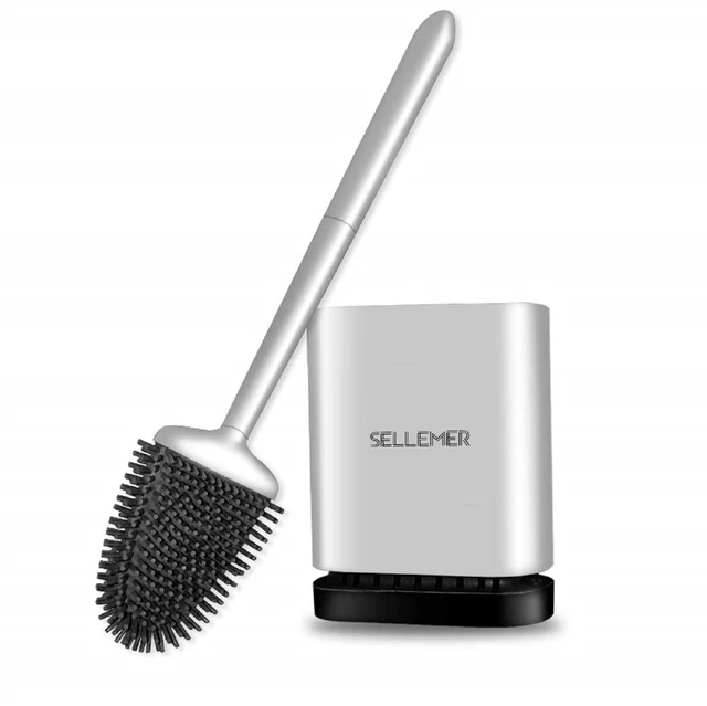 Main image of Silicone Toilet Brush, Ventilation Slots Base Holder 1 Pack Silver