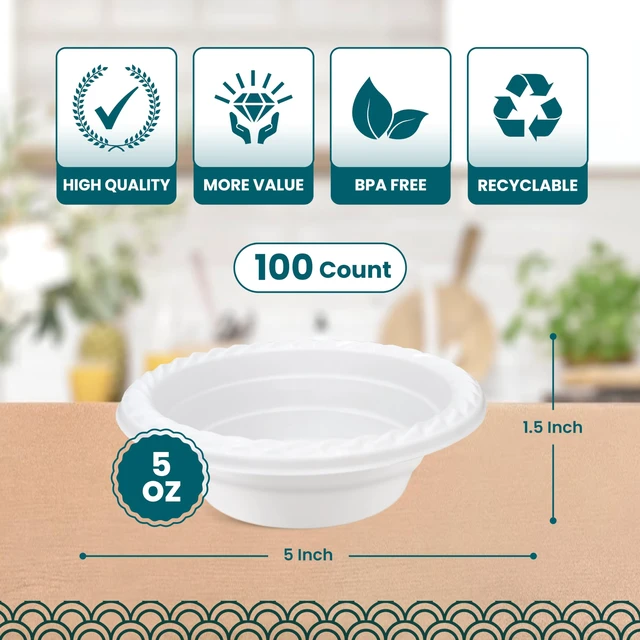 Alt view image 2 of 6 - R-kay Plastic Bowls - 100 Count Microwavable Disposable Bowls - Strong Heavy Duty And Sturdy White Plastic Bowls Disposable (5 OZ, 100)