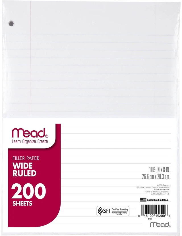 Main image of Mead Loose Leaf Paper, Wide Ruled Filler Notebook Paper, 8" x 10-1/2", 200 Sheets, Fits 3-Ring Binder (15200)