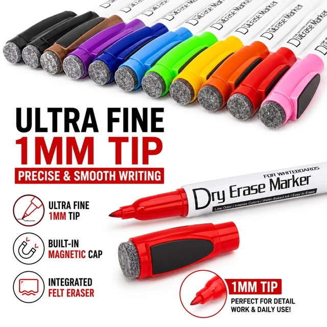Alt view image 3 of 7 - Volcanics Magnetic Dry Erase Markers, 1mm Fine Tip, 10 Colors, 12 Pack