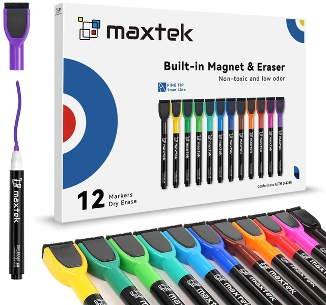 Main image of maxtek Magnetic Whiteboard Markers - 12 Count Colorful Fine Tip Dry Erase Markers with Eraser for Kids, Low Odor Thin Markers for Calendar Boards