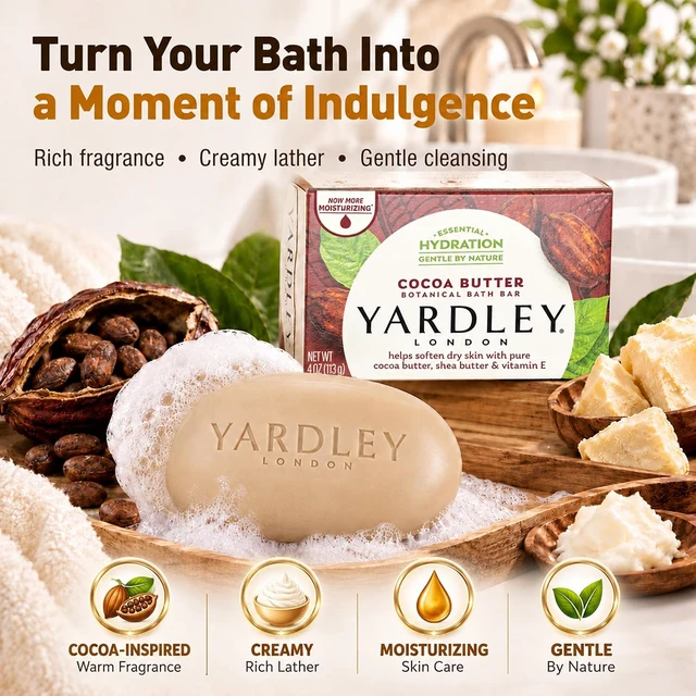 Alt view image 3 of 6 - Yardley London Nourishing Bath Soap Bar Cocoa Butter, Helps Soften Dry Skin with Pure Cocoa Butter, Shea Butter & Vitamin E, 4.0 oz Bath Bar, 1 Soap Bar