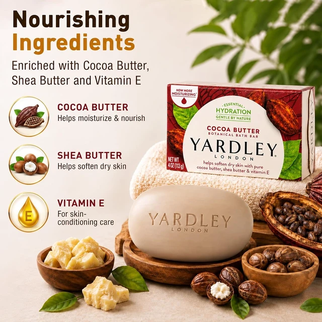 Alt view image 4 of 6 - Yardley London Nourishing Bath Soap Bar Cocoa Butter, Helps Soften Dry Skin with Pure Cocoa Butter, Shea Butter & Vitamin E, 4.0 oz Bath Bar, 1 Soap Bar