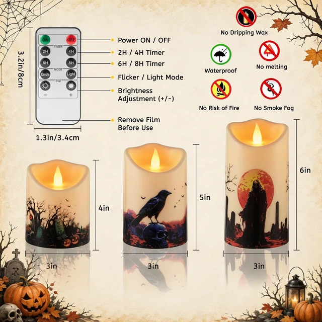 Alt view image 5 of 6 - Artmarry Halloween Flameless Candles Set of 3 Included 10-Key Remote