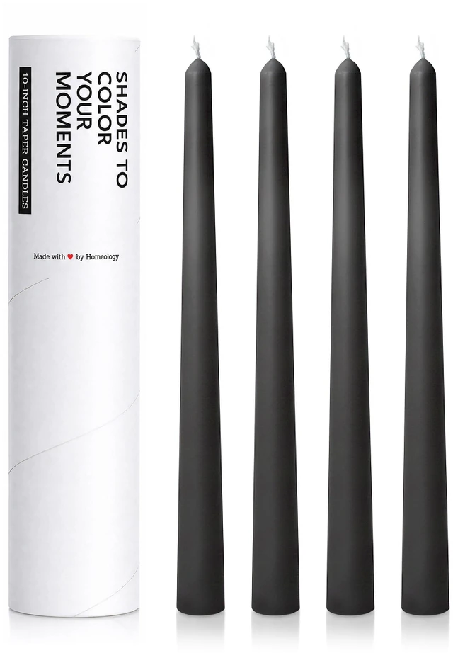 Main image of 10" Classic Taper Candles, Charcoal Black, 4-Pack, 7-8 Hours Long Burning, Unscented Tall Candlesticks
