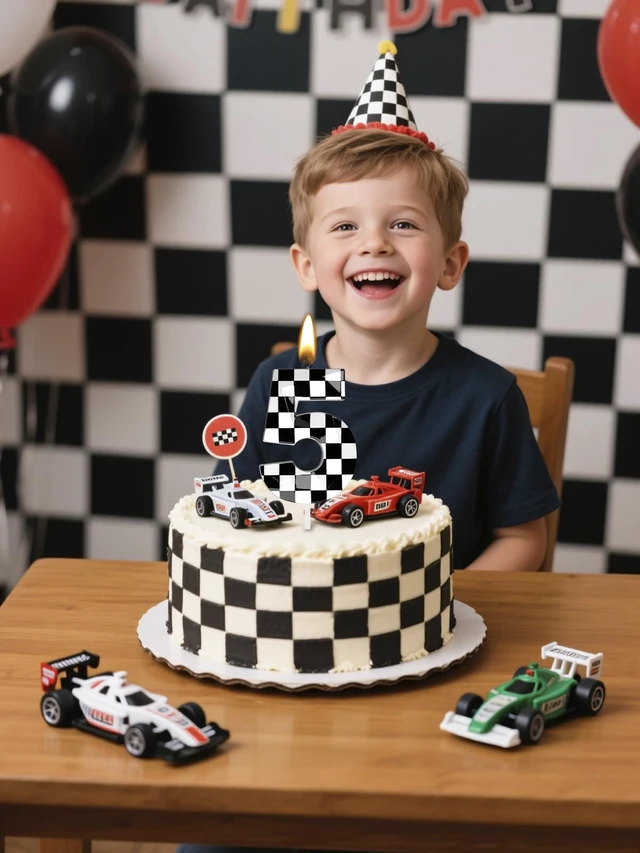 Alt view image 6 of 7 - Number 5 Racing Cars Birthday Candles,2.68 Inch Checkered Birthday Number Candles, Racing Themed Number Candles for Boys and Girls, Kids Race Car Themed Party Decorations Supplies