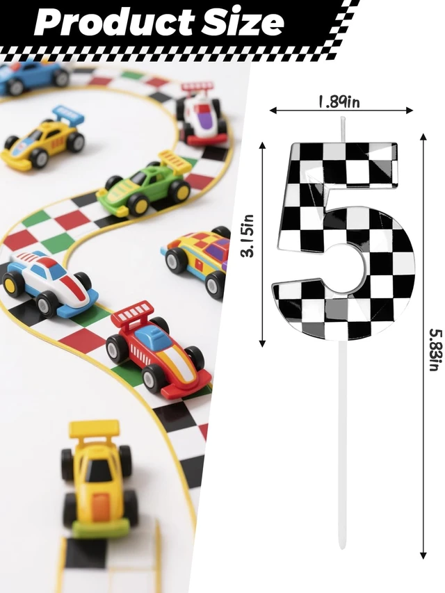 Alt view image 5 of 7 - Number 5 Racing Cars Birthday Candles,2.68 Inch Checkered Birthday Number Candles, Racing Themed Number Candles for Boys and Girls, Kids Race Car Themed Party Decorations Supplies