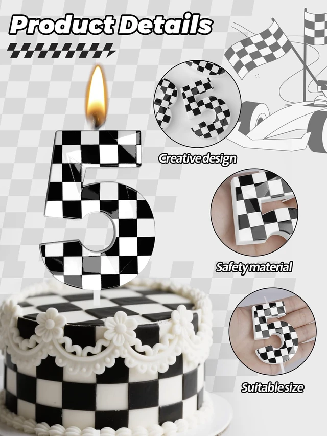 Alt view image 3 of 7 - Number 5 Racing Cars Birthday Candles,2.68 Inch Checkered Birthday Number Candles, Racing Themed Number Candles for Boys and Girls, Kids Race Car Themed Party Decorations Supplies