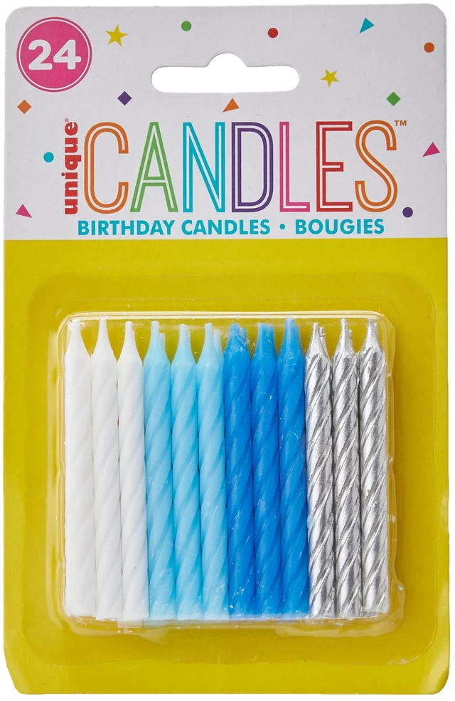 Main image of Vibrant Blue, White & Silver Spiral Birthday Candles - (Pack of 24) - Premium Quality & Dazzling Assorted Color - Ideal for Birthday Celebrations