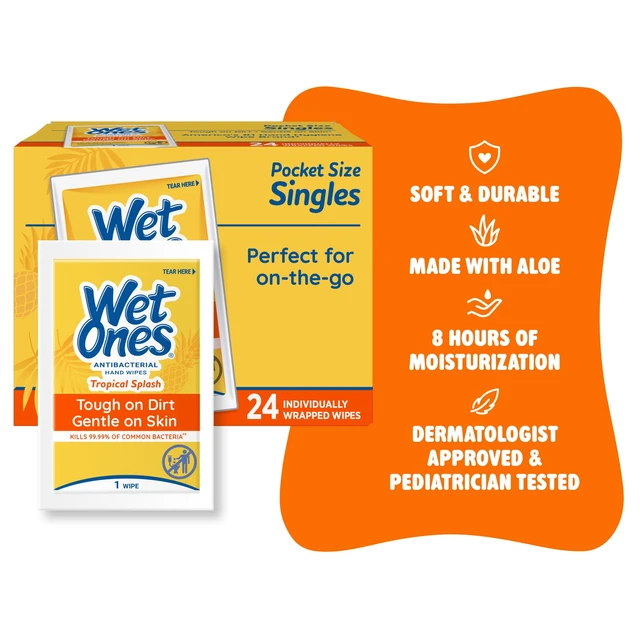 Alt view image 6 of 6 - (2 pack) Wet Ones Antibacterial Hand Wipes, Tropical Splash Citrus Scent, 24 Ct Individually Wrapped Wipes