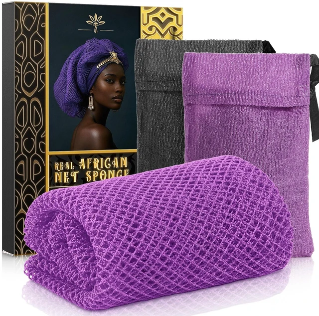 Main image of African Net Sponge with 2 Soap Saver Bags - Exfoliating Body Scrubber Set for Shower, Reusable Bar Soap Pouch & Bath Washcloth for Deep Cleaning - Purple & Black, Purple