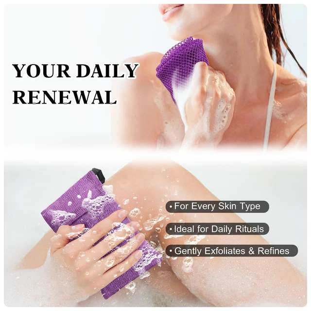 Alt view image 3 of 6 - African Net Sponge with 2 Soap Saver Bags - Exfoliating Body Scrubber Set for Shower, Reusable Bar Soap Pouch & Bath Washcloth for Deep Cleaning - Purple & Black, Purple