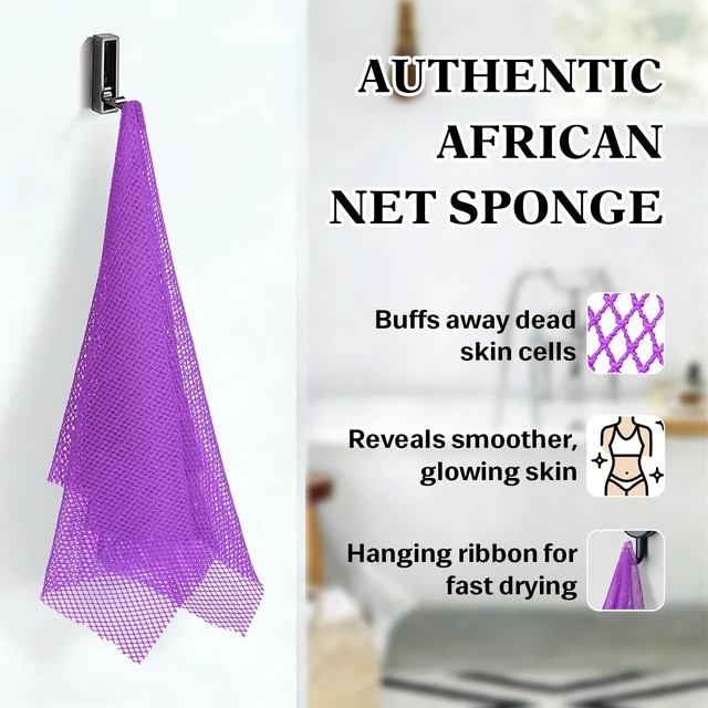 Alt view image 6 of 6 - African Net Sponge with 2 Soap Saver Bags - Exfoliating Body Scrubber Set for Shower, Reusable Bar Soap Pouch & Bath Washcloth for Deep Cleaning - Purple & Black, Purple