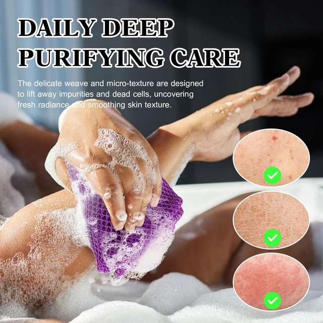 Alt view image 4 of 6 - African Net Sponge with 2 Soap Saver Bags - Exfoliating Body Scrubber Set for Shower, Reusable Bar Soap Pouch & Bath Washcloth for Deep Cleaning - Purple & Black, Purple