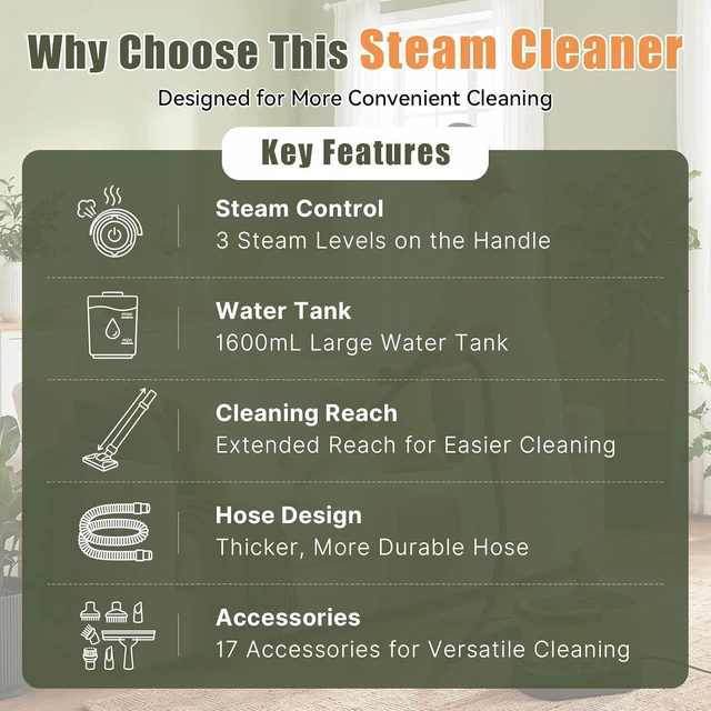 Alt view image 7 of 7 - Steam Cleaner for Home, 2500W Multi-Surface Steamer with 1.6L Tank