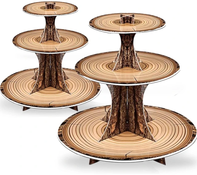 Main image of Rustic Woodland Cupcake Stand Set, 2 Pack 3-Tier Dessert Tower for Safari Birthday, Baby Shower, Camping & Woodland Party Decor