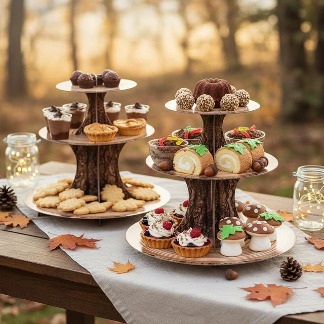 Alt view image 7 of 7 - Rustic Woodland Cupcake Stand Set, 2 Pack 3-Tier Dessert Tower for Safari Birthday, Baby Shower, Camping & Woodland Party Decor