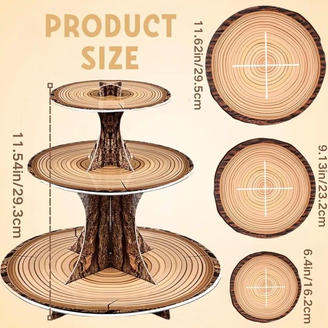 Alt view image 4 of 7 - Rustic Woodland Cupcake Stand Set, 2 Pack 3-Tier Dessert Tower for Safari Birthday, Baby Shower, Camping & Woodland Party Decor