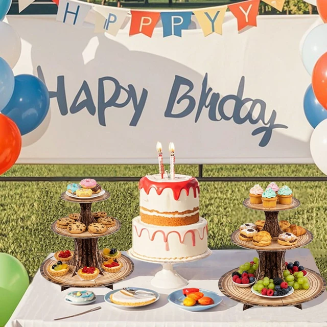 Alt view image 5 of 7 - Rustic Woodland Cupcake Stand Set, 2 Pack 3-Tier Dessert Tower for Safari Birthday, Baby Shower, Camping & Woodland Party Decor