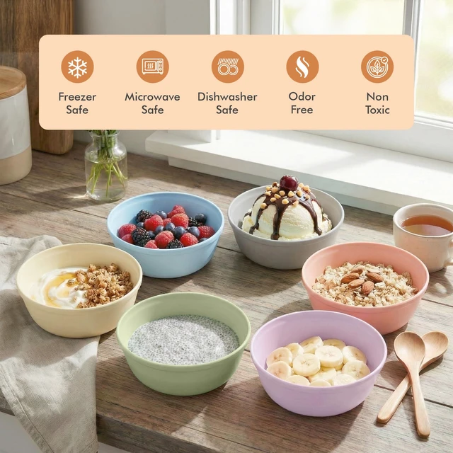 Alt view image 4 of 7 - Plastic Bowls Set of 6 15oz Multipurpose Deep Plates Salad and Pasta Bowls Ideal for Home, Kids, Parties Stackable Bowl for Kitchen Non-BPA and Food Grade Pastel Colors