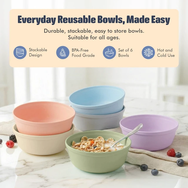 Alt view image 5 of 7 - Plastic Bowls Set of 6 15oz Multipurpose Deep Plates Salad and Pasta Bowls Ideal for Home, Kids, Parties Stackable Bowl for Kitchen Non-BPA and Food Grade Pastel Colors