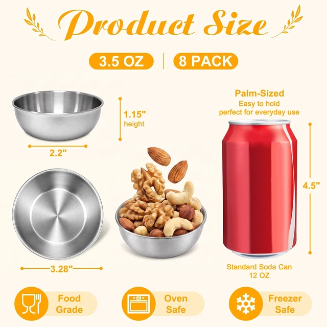 Alt view image 2 of 7 - Stainless Steel Small Dipping Bowls, 3.5oz, 8-Pack, Silver | Stackable, Round Small Bowl, For Dip, Side Dish, Snack, Meal Prep, Charcuterie Accessories, Soy Sauce Dish, Dishwasher Safe