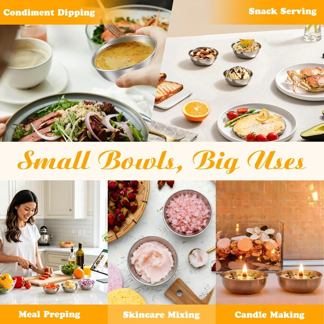 Alt view image 5 of 7 - Stainless Steel Small Dipping Bowls, 3.5oz, 8-Pack, Silver | Stackable, Round Small Bowl, For Dip, Side Dish, Snack, Meal Prep, Charcuterie Accessories, Soy Sauce Dish, Dishwasher Safe